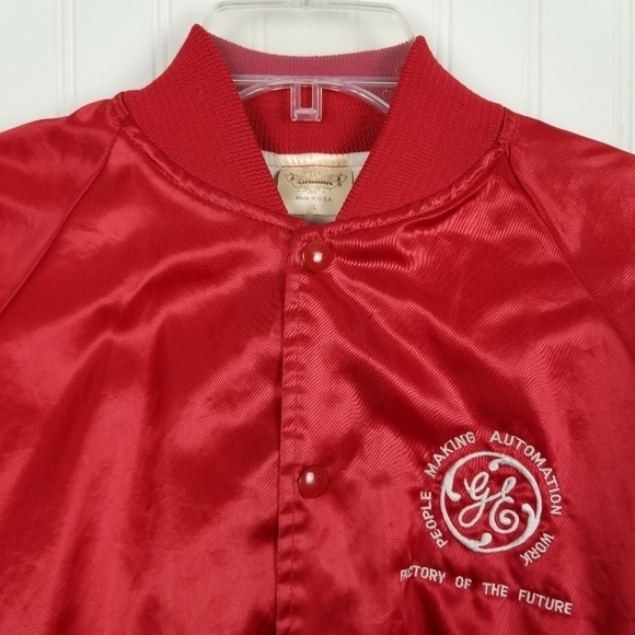 Vintage USA Satin Jacket Bomber GE Factory of The Future Embroidered Snap Red L - Picture 4 of 13